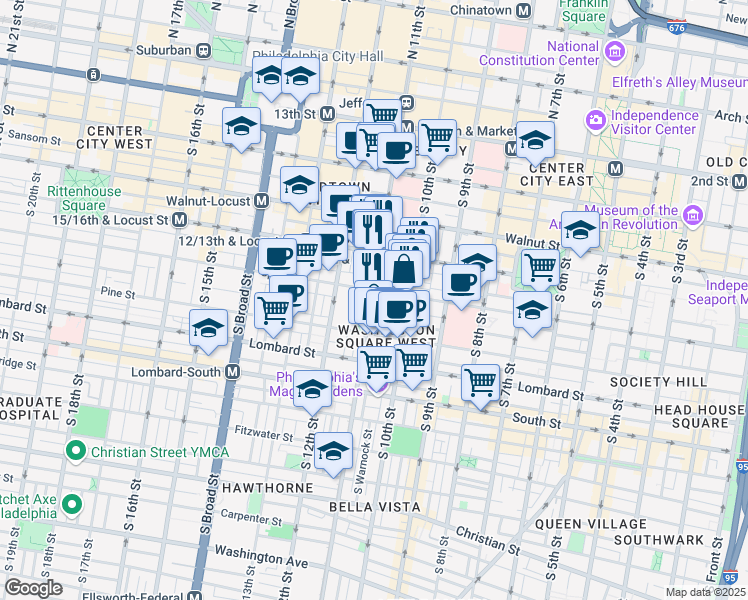 map of restaurants, bars, coffee shops, grocery stores, and more near 1034 Spruce Street in Philadelphia
