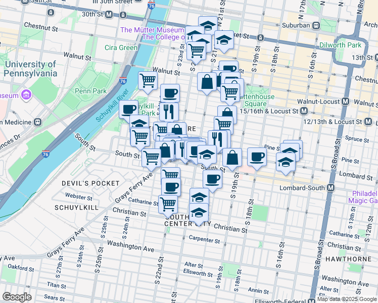 map of restaurants, bars, coffee shops, grocery stores, and more near 2123 Tryon Street in Philadelphia