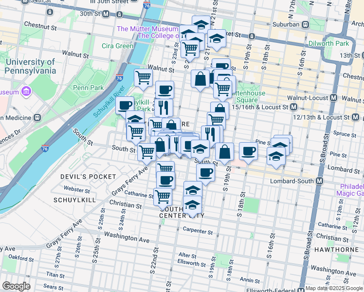 map of restaurants, bars, coffee shops, grocery stores, and more near 2127 Tryon Street in Philadelphia