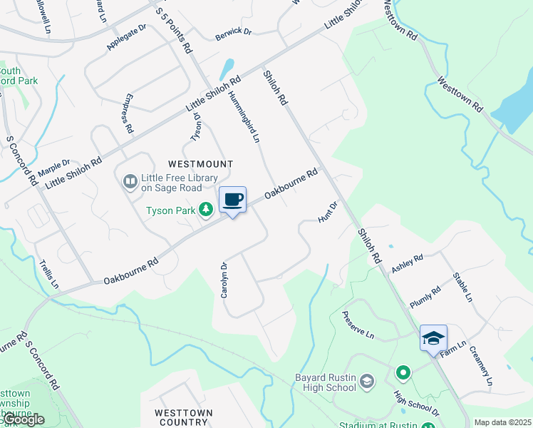 map of restaurants, bars, coffee shops, grocery stores, and more near 1001 Carolyn Drive in West Chester