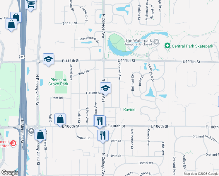 map of restaurants, bars, coffee shops, grocery stores, and more near 10915 College Place Drive in Indianapolis