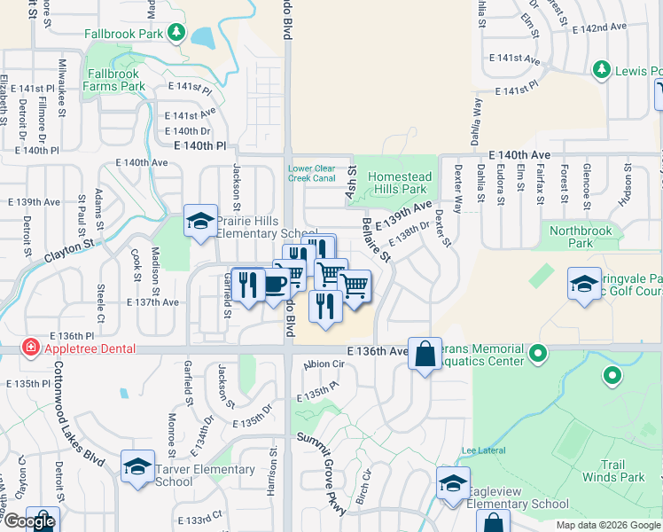 map of restaurants, bars, coffee shops, grocery stores, and more near 13800 Ash Circle in Thornton