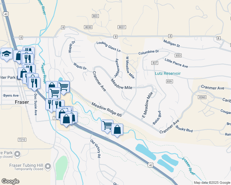 map of restaurants, bars, coffee shops, grocery stores, and more near 100-146 County Highway 832 in Fraser
