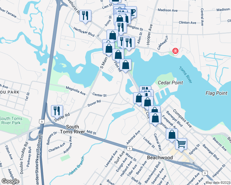 map of restaurants, bars, coffee shops, grocery stores, and more near 61 Flint Road in Toms River