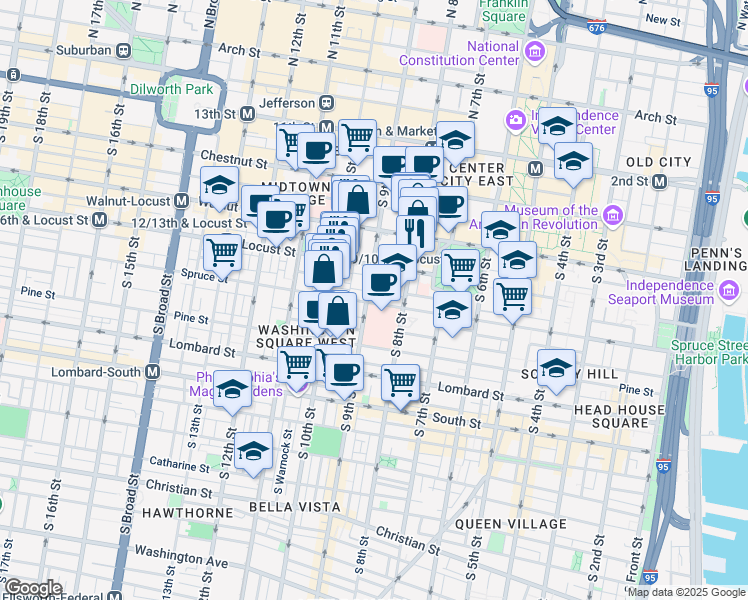 map of restaurants, bars, coffee shops, grocery stores, and more near in Philadelphia