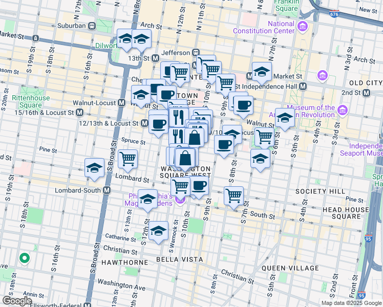 map of restaurants, bars, coffee shops, grocery stores, and more near 1029 Spruce Street in Philadelphia