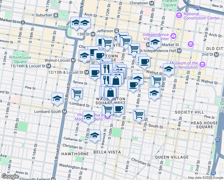 map of restaurants, bars, coffee shops, grocery stores, and more near 1029 Spruce Street in Philadelphia