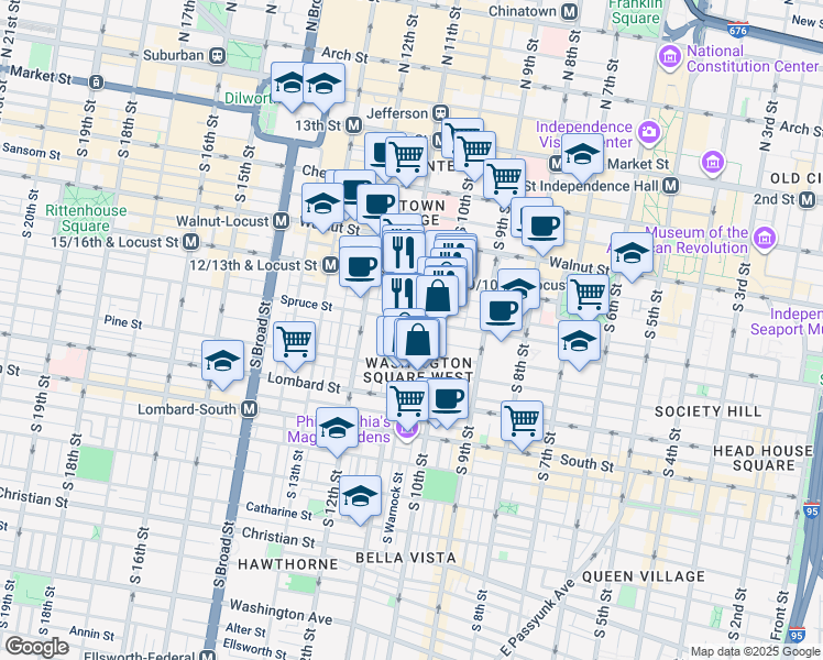 map of restaurants, bars, coffee shops, grocery stores, and more near 1029 Spruce Street in Philadelphia