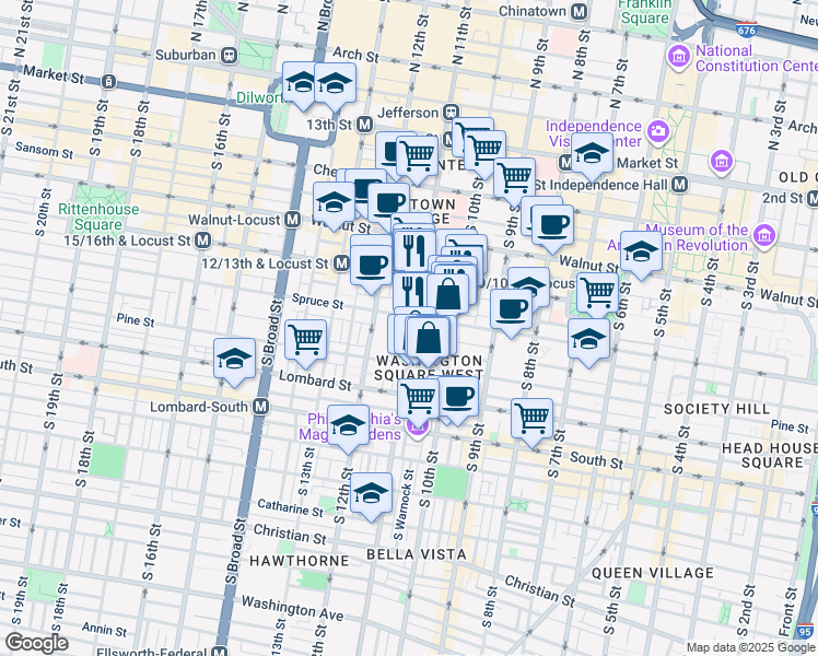 map of restaurants, bars, coffee shops, grocery stores, and more near 1029 Spruce Street in Philadelphia