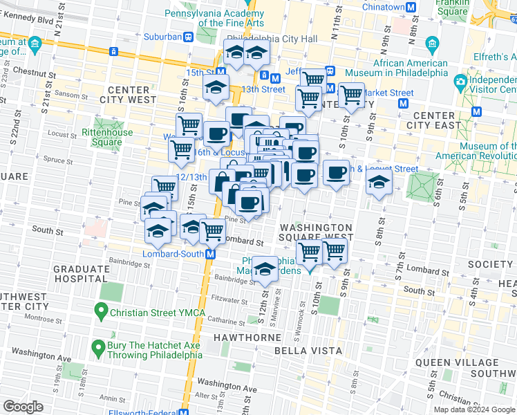 map of restaurants, bars, coffee shops, grocery stores, and more near in Philadelphia