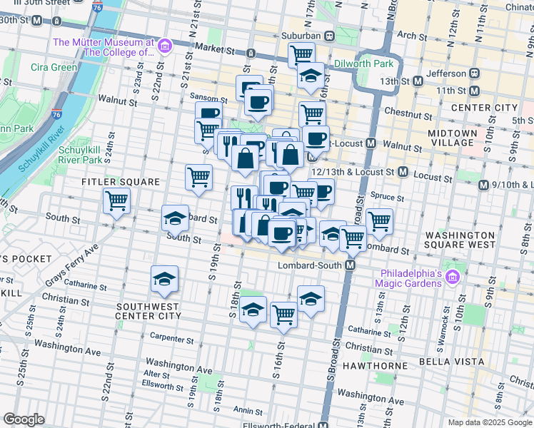 map of restaurants, bars, coffee shops, grocery stores, and more near in Philadelphia