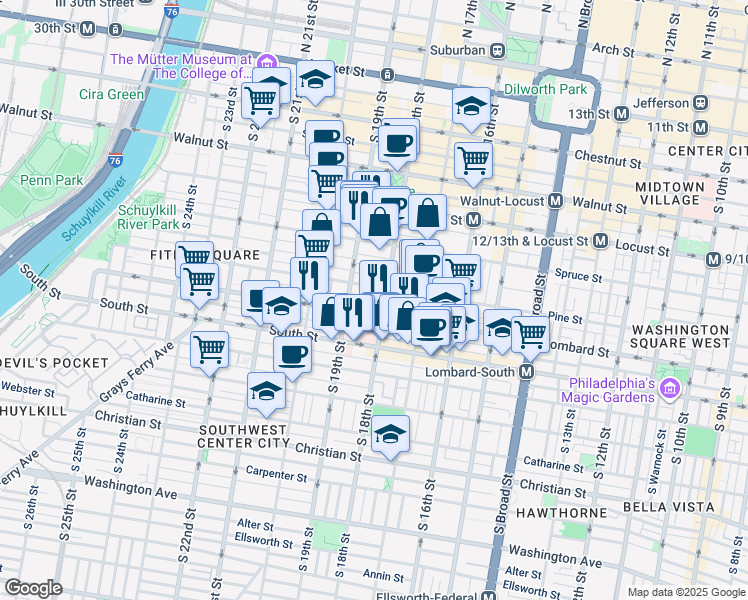 map of restaurants, bars, coffee shops, grocery stores, and more near 1813 Addison St in Philadelphia