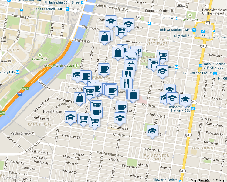 map of restaurants, bars, coffee shops, grocery stores, and more near 414 South 21st Street in Philadelphia