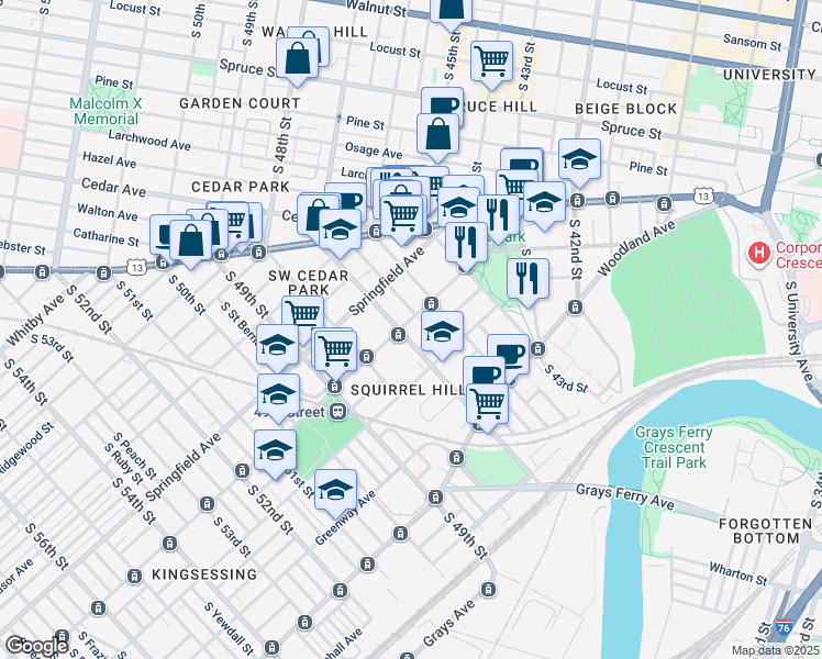 map of restaurants, bars, coffee shops, grocery stores, and more near 4610 Chester Avenue in Philadelphia
