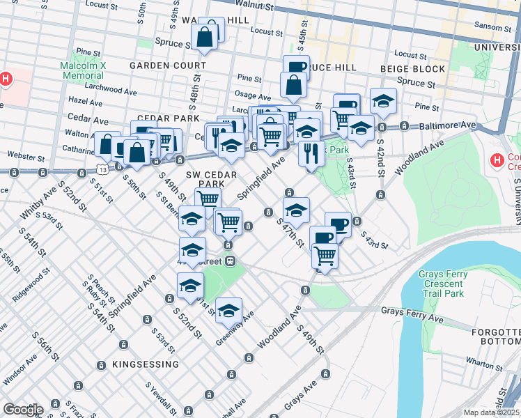 map of restaurants, bars, coffee shops, grocery stores, and more near 1019 South 47th Street in Philadelphia