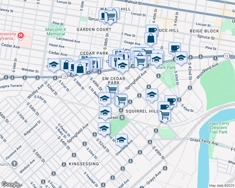map of restaurants, bars, coffee shops, grocery stores, and more near 914 South 48th Street in Philadelphia