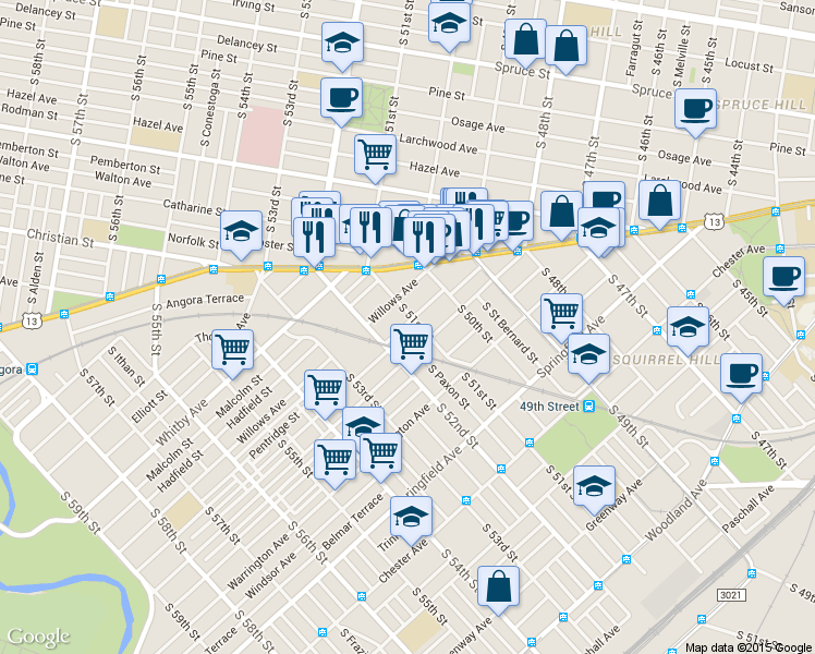 map of restaurants, bars, coffee shops, grocery stores, and more near 819 South 51st Street in Philadelphia