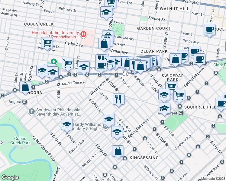 map of restaurants, bars, coffee shops, grocery stores, and more near 766 South 52nd Street in Philadelphia