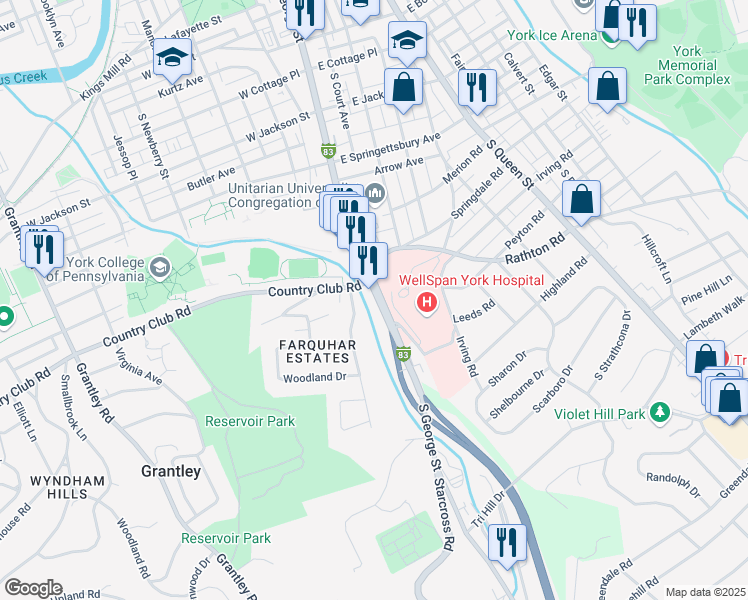 map of restaurants, bars, coffee shops, grocery stores, and more near 972 South George Street in York