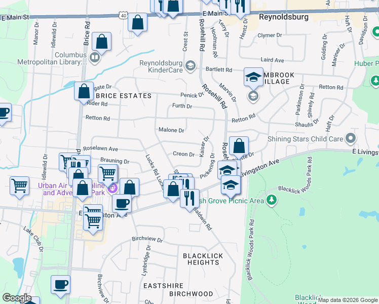 map of restaurants, bars, coffee shops, grocery stores, and more near 6591 Roselawn Avenue in Reynoldsburg