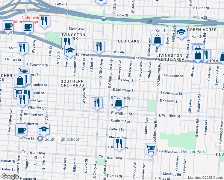map of restaurants, bars, coffee shops, grocery stores, and more near 927 Oakwood Avenue in Columbus