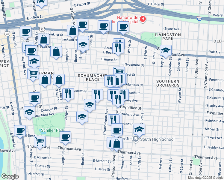 map of restaurants, bars, coffee shops, grocery stores, and more near 843 Parsons Avenue in Columbus
