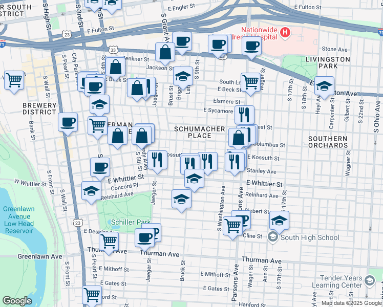 map of restaurants, bars, coffee shops, grocery stores, and more near 819 Bruck Street in Columbus