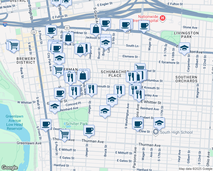 map of restaurants, bars, coffee shops, grocery stores, and more near 819 Bruck Street in Columbus