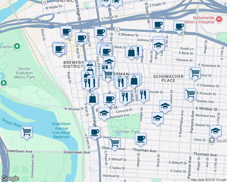 map of restaurants, bars, coffee shops, grocery stores, and more near 787 Mohawk Street in Columbus