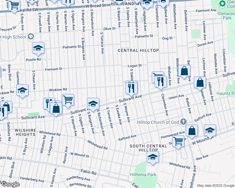 map of restaurants, bars, coffee shops, grocery stores, and more near 429 South Wayne Avenue in Columbus
