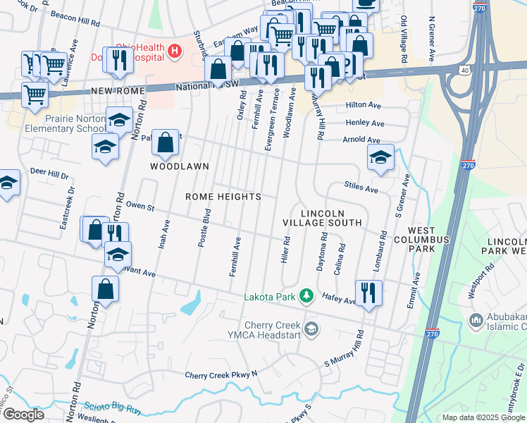 map of restaurants, bars, coffee shops, grocery stores, and more near 264 Fernhill Avenue in Columbus