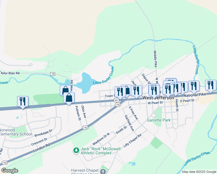 map of restaurants, bars, coffee shops, grocery stores, and more near 98 North Franklin Street in West Jefferson