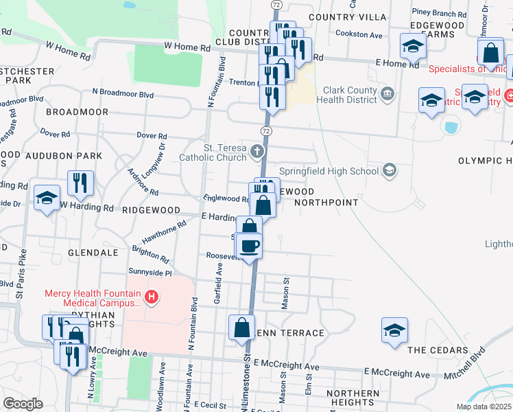 map of restaurants, bars, coffee shops, grocery stores, and more near 150 Englewood Road in Springfield