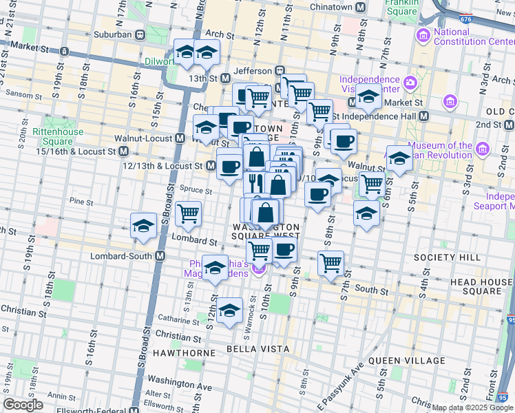 map of restaurants, bars, coffee shops, grocery stores, and more near 1034 Spruce Street in Philadelphia