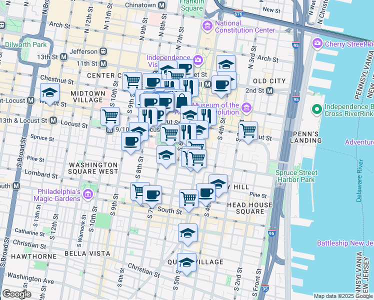 map of restaurants, bars, coffee shops, grocery stores, and more near 233 South 6th Street in Philadelphia