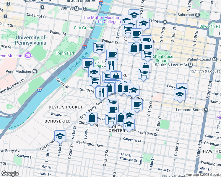 map of restaurants, bars, coffee shops, grocery stores, and more near 505 South 23rd Street in Philadelphia