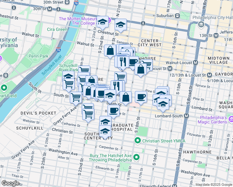 map of restaurants, bars, coffee shops, grocery stores, and more near 2001 Lombard Street in Philadelphia