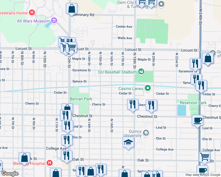 map of restaurants, bars, coffee shops, grocery stores, and more near 1203 North 16th Street in Quincy