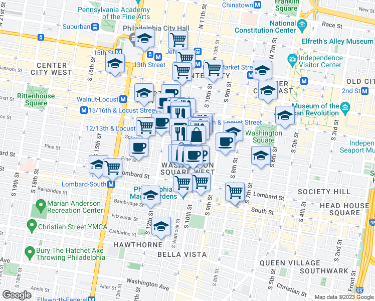 map of restaurants, bars, coffee shops, grocery stores, and more near 1022 Spruce Street in Philadelphia