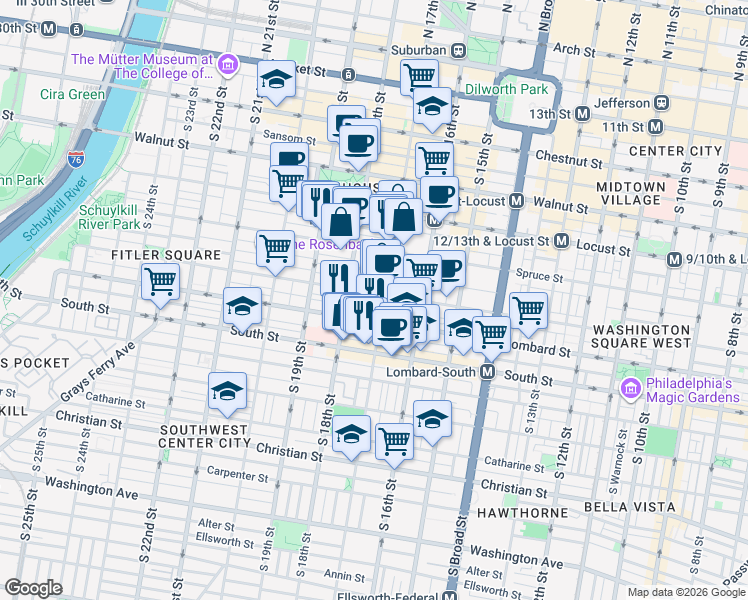 map of restaurants, bars, coffee shops, grocery stores, and more near 1733 Pine Street in Philadelphia