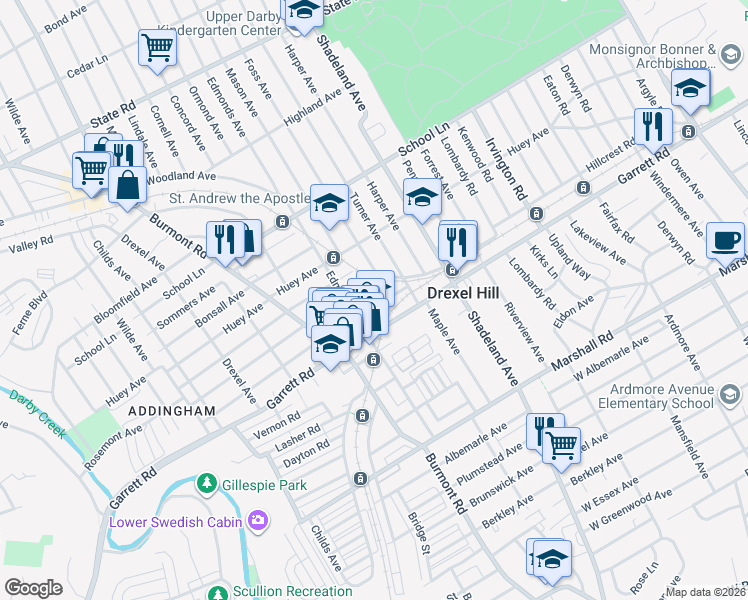 map of restaurants, bars, coffee shops, grocery stores, and more near 3620 Rosemont Avenue in Drexel Hill