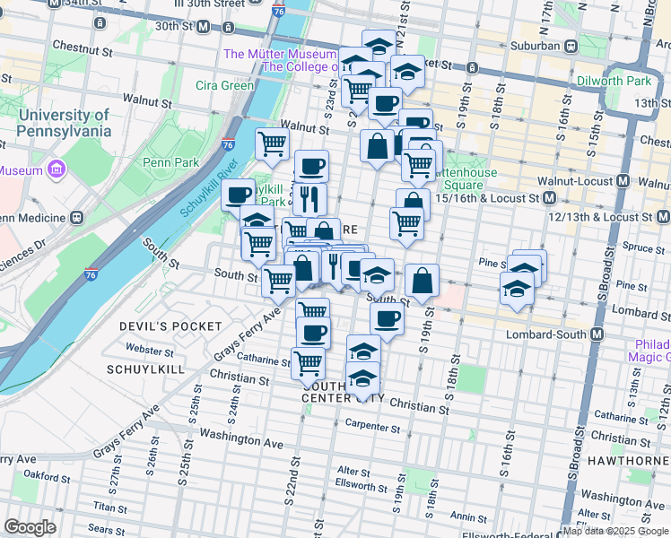 map of restaurants, bars, coffee shops, grocery stores, and more near 2138 Lombard Street in Philadelphia