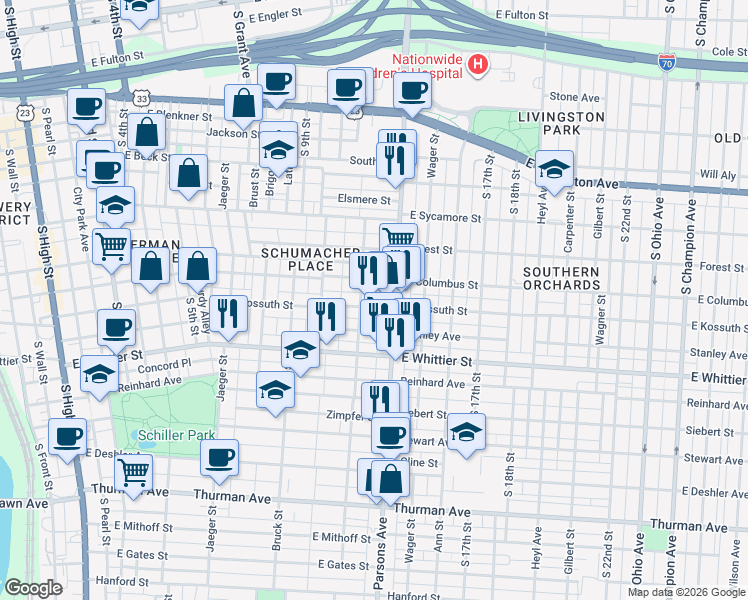 map of restaurants, bars, coffee shops, grocery stores, and more near 845 Parsons Avenue in Columbus