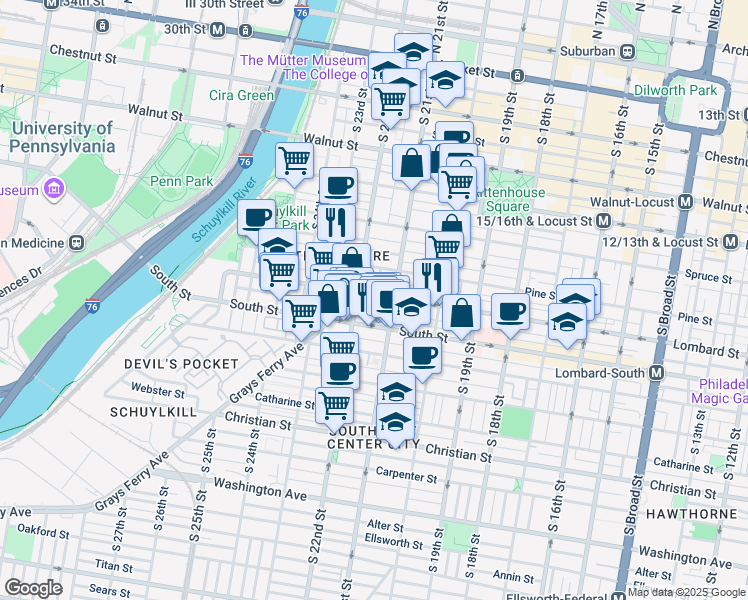 map of restaurants, bars, coffee shops, grocery stores, and more near 2138 Lombard Street in Philadelphia