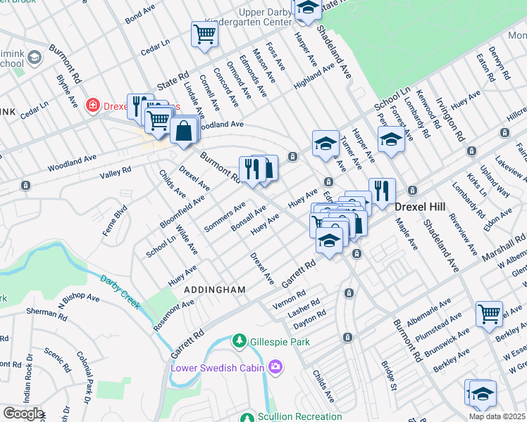 map of restaurants, bars, coffee shops, grocery stores, and more near 3828 Bonsall Avenue in Drexel Hill