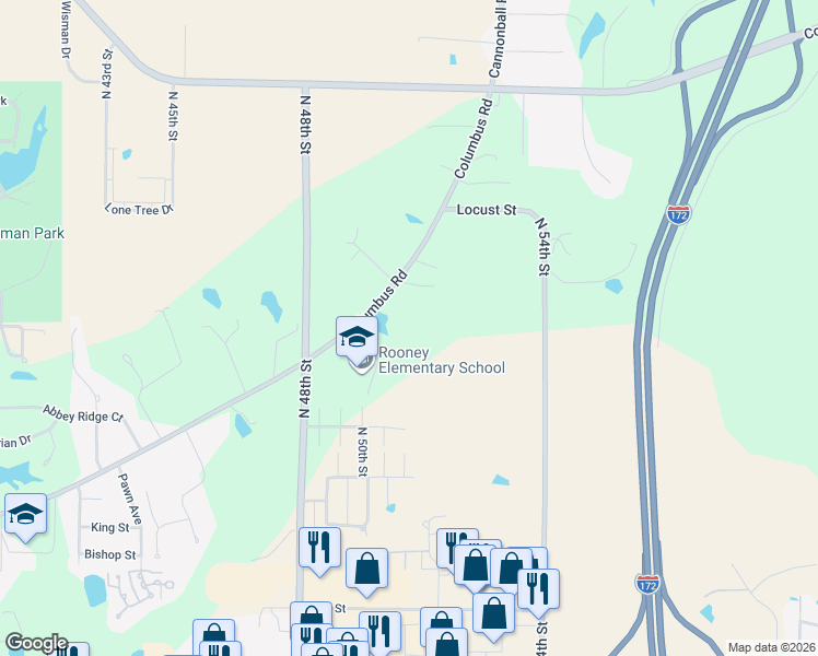 map of restaurants, bars, coffee shops, grocery stores, and more near 5020 Columbus Road in Quincy