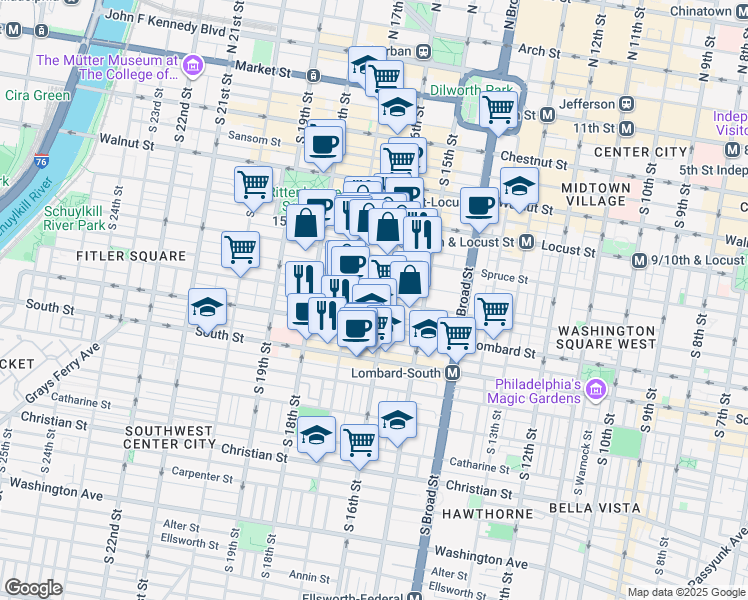 map of restaurants, bars, coffee shops, grocery stores, and more near Pine St & S Smedley St in Philadelphia
