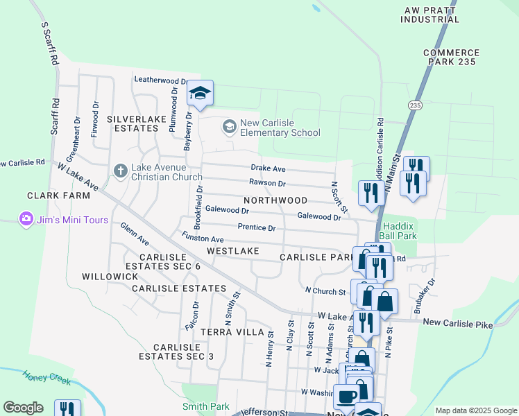 map of restaurants, bars, coffee shops, grocery stores, and more near 304-306 Fenwick Drive in New Carlisle