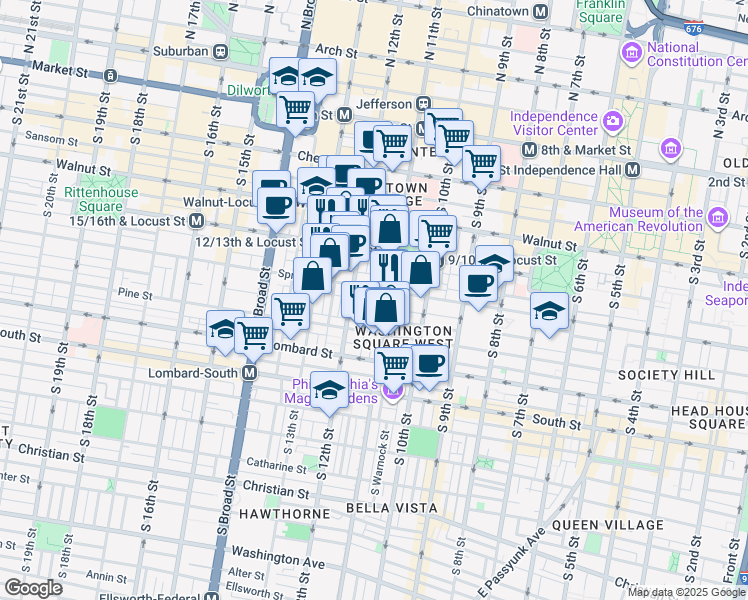 map of restaurants, bars, coffee shops, grocery stores, and more near 1112 Spruce Street in Philadelphia