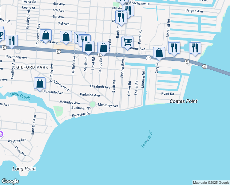 map of restaurants, bars, coffee shops, grocery stores, and more near 201 Bash Road in Toms River
